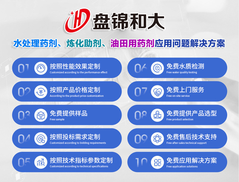 盘锦和大实业有限公司主要化工产品有水处理药剂、炼化助剂和油田用药剂。炼化助剂主要产品有：中和缓蚀剂、柴油抗磨剂、水溶中和缓蚀剂、油溶缓蚀剂、加氢缓蚀剂、无磷高温缓蚀剂、连续重整缓蚀剂、延迟焦化缓蚀剂、加氢阻垢剂、破乳剂、延迟焦化破乳剂、延迟焦化消泡剂、油桨阻垢剂；水处理药剂主要产品有：缓蚀阻垢剂、氧化型杀菌剂、非氧化型杀菌剂、黏泥剥离剂、预膜剂、酸性缓蚀剂、清洗剂、除油剂、絮凝剂、氨氮去除剂、除磷剂、反渗透阻垢剂、反渗透杀菌剂、还原剂等2